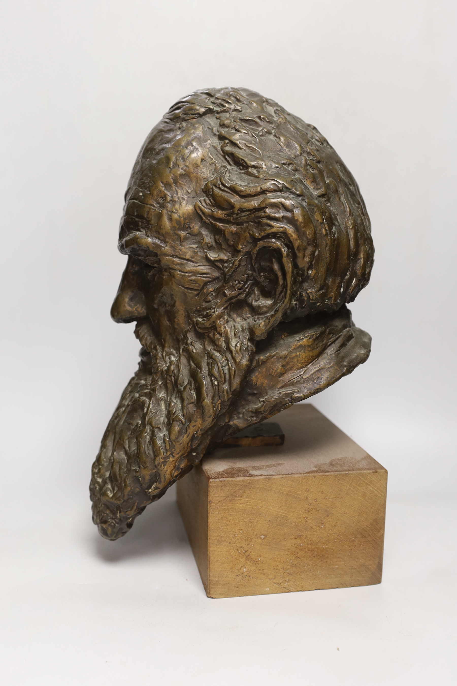 A 20th century bronze bust of Darwin, on stand, 42cm high